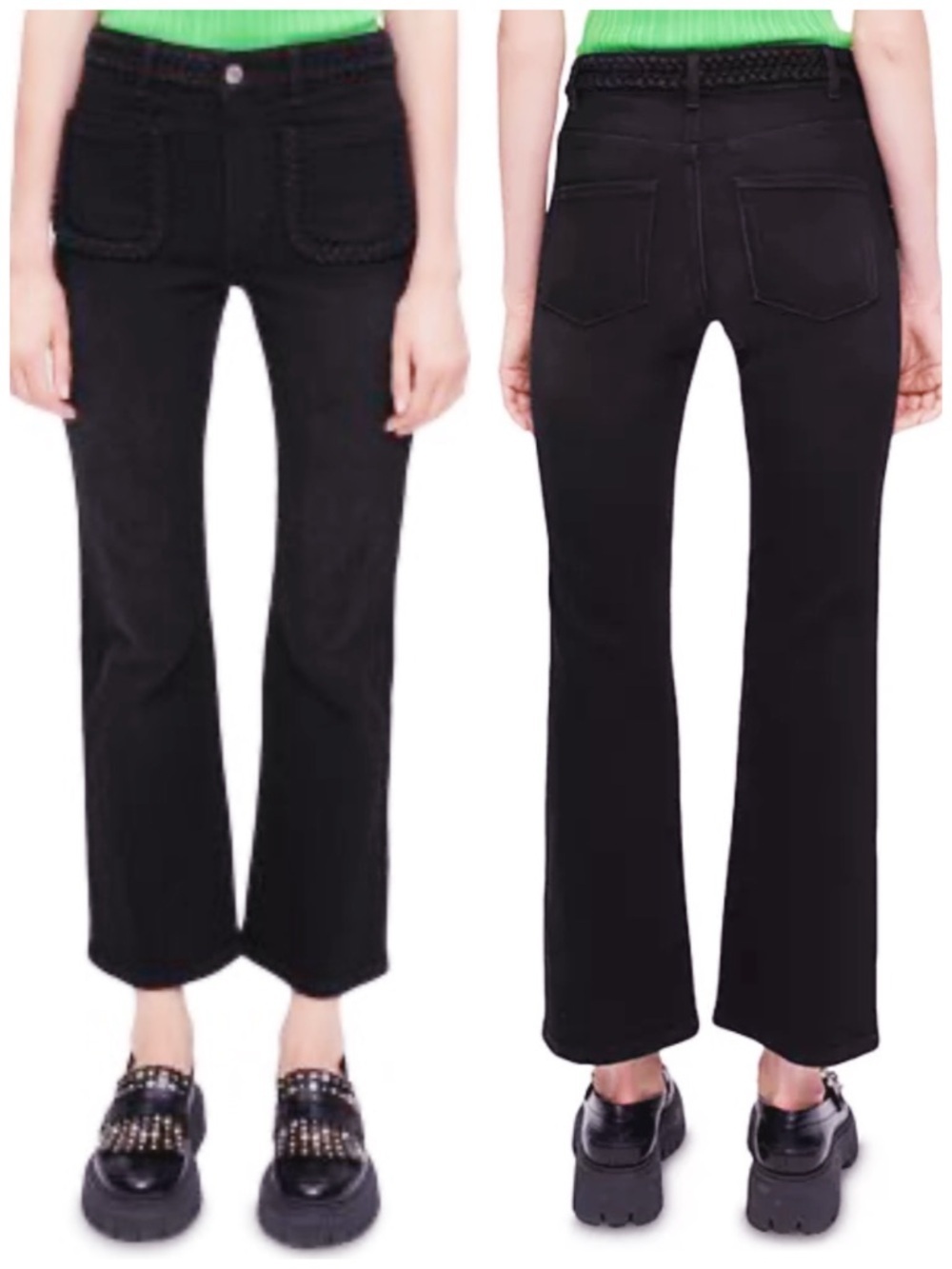 Maje Mid Rise Flare Leg Jeans Braided Pocket Detail Cropped Length Black